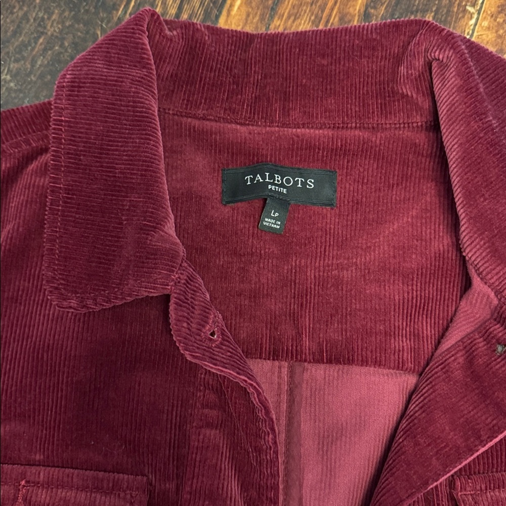 Talbots Womens Jacket size PL Maroon Corduroy Button front Pockets long sleeve - Picture 3 of 7